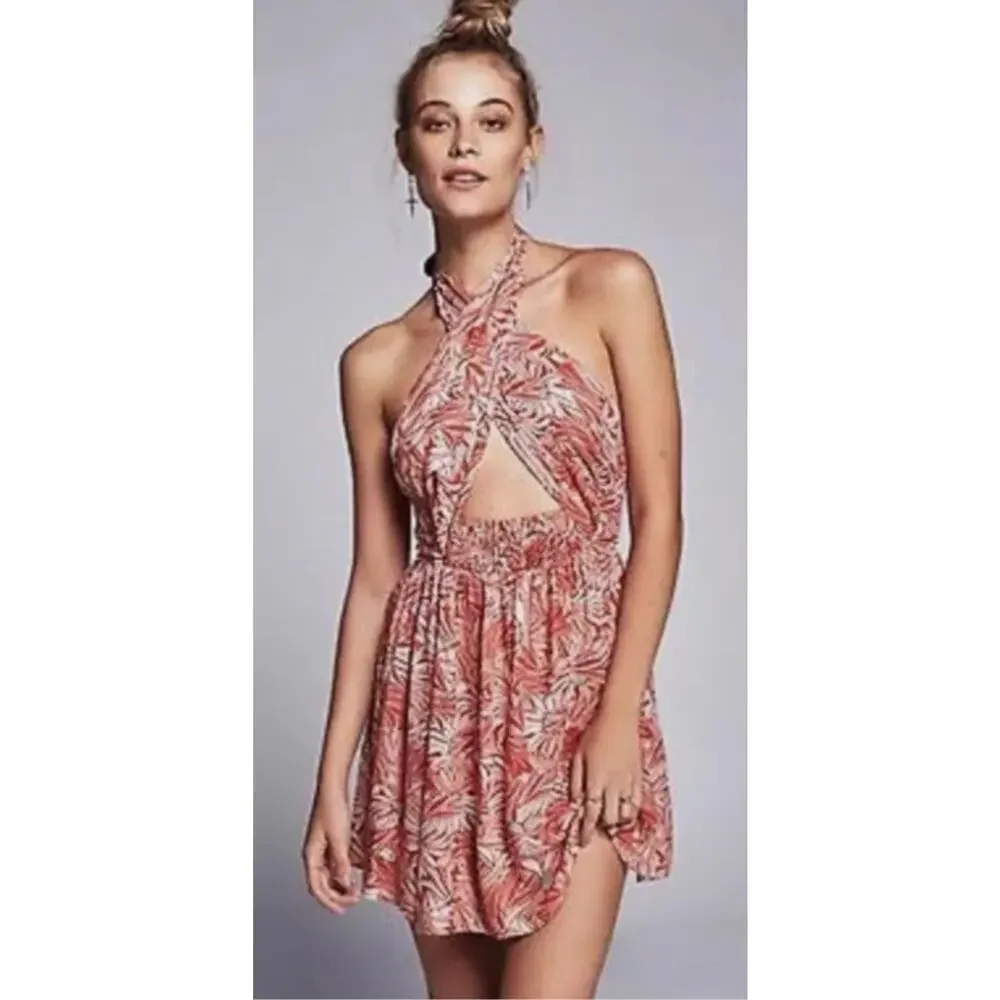 Free People Size S Orange Flower Floral Libby Convertible Halter Mini Dress